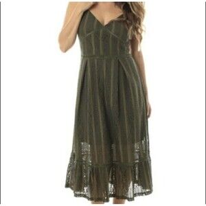 Olive Green Eyelet Lace Funky Soul Boho Maxi Sun Dress L